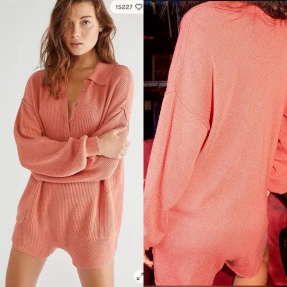 Free People Picnic Romper Ribbed Knit Collared Linen Cotton Salmon Playsuit - Picture 2 of 9